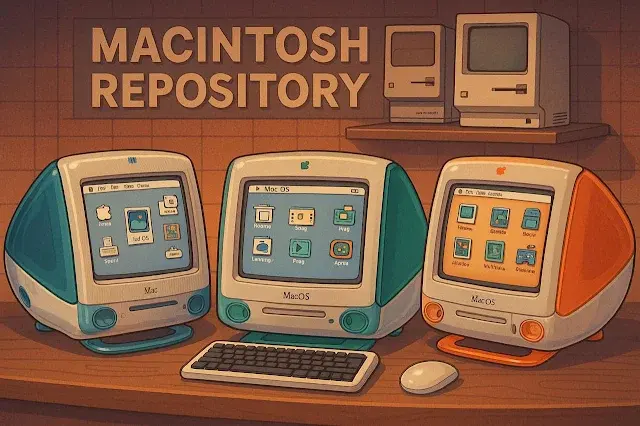 Imagen de estilo retro mostrando ordenadores Macintosh clásicos, incluyendo varios iMac G3 de colores, con pantallas que muestran el sistema Mac OS y juegos antiguos, ambientado en un entorno nostálgico tipo archivo digital.