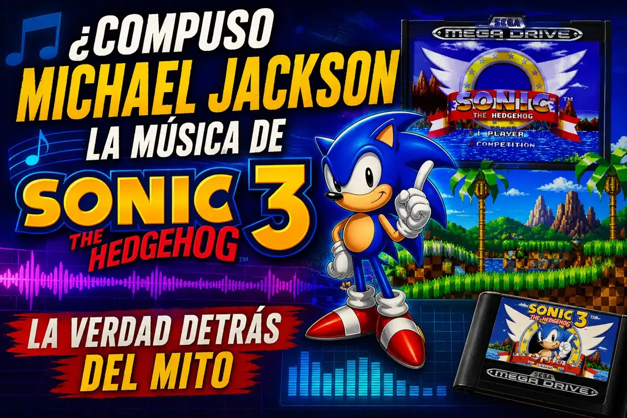 Sonic the Hedgehog 3 para Mega Drive con notas musicales y referencia al mito sobre la composición de su banda sonora.