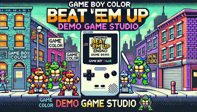 Captura del engine Beat 'Em Up para Game Boy Color creado con GB Studio, con gráficos placeholder de TMNT The Arcade Game.
