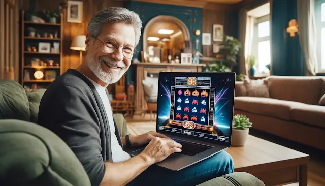 Un jugador de la generación X disfruta de un juego de tragaperras online con temática de Space Invaders en su ordenador portátil