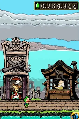 Tingle negociando en el pueblo central de Freshly-Picked Tingle's Rosy Rupeeland para Nintendo DS