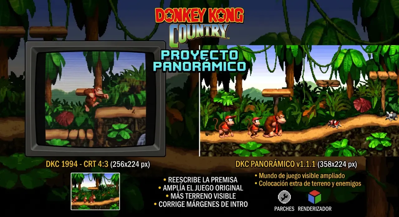 Comparativa visual entre Donkey Kong Country en formato 4:3 de televisión CRT (256x224 px) y el parche panorámico DKC Widescreen v1.1.1 (358x224 px) con terreno y enemigos extra en pantalla.