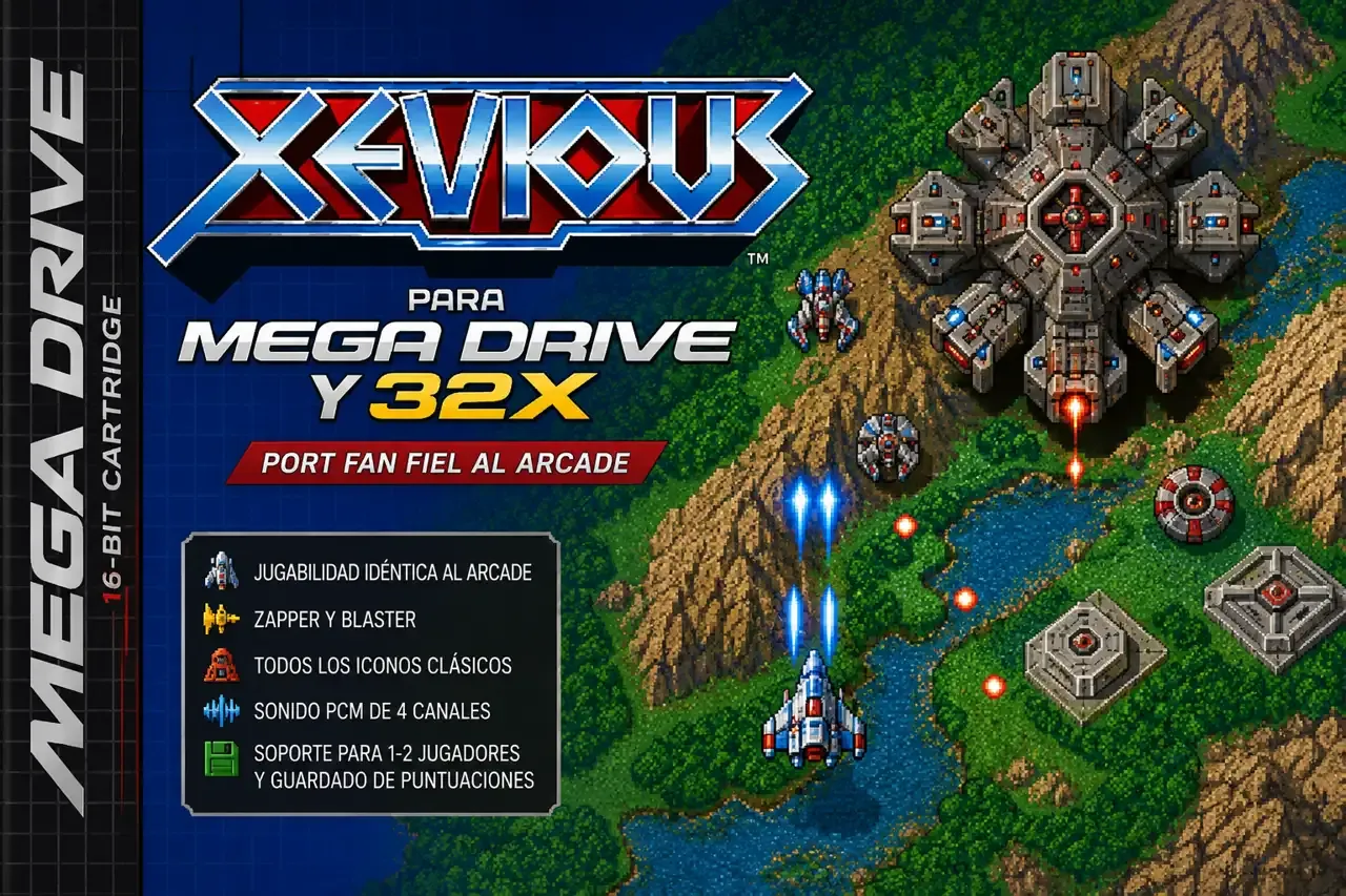Xevious ejecutándose en Sega Mega Drive mediante un port fan fiel al arcade con gráficos clásicos, sprites y disparos sobre hardware de 16 bits.