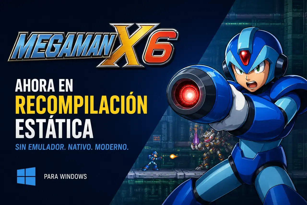 Mega Man X6 Recomp ejecutándose de forma nativa en Windows mediante recompilación estática de PlayStation sin necesidad de emulador.