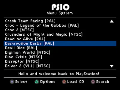 menu sony playstation PSIO flashcard everdrive