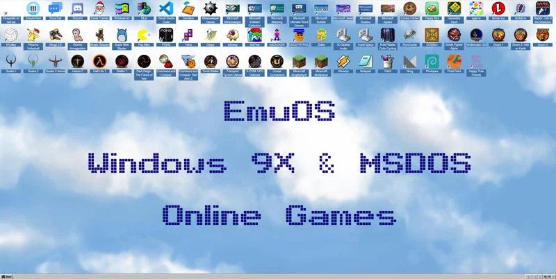 Escritorio virtual de EmuOS con juegos de Windows 98 y MS-DOS listos para jugar en el navegador