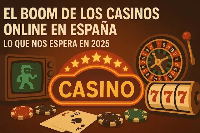 Ilustración retro sobre el auge de los casinos online en España en 2025, con elementos clásicos como una ruleta, tragamonedas, fichas de póker, cartas y una pantalla pixelada.