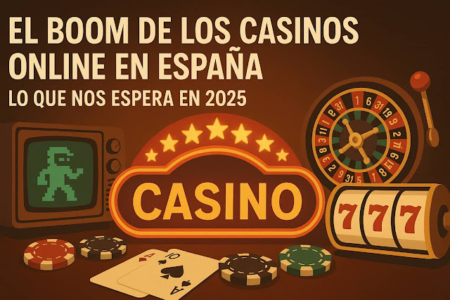 Ilustración retro sobre el auge de los casinos online en España en 2025, con elementos clásicos como una ruleta, tragamonedas, fichas de póker, cartas y una pantalla pixelada.