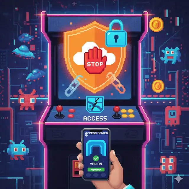 Representación pixel art de un bloqueo de acceso a internet con un escudo de Cloudflare y una VPN activada en un móvil.