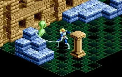 protagonista del videojuego light crusader de megadrive atacando a un enemigo dentro de una mazmorra del juego