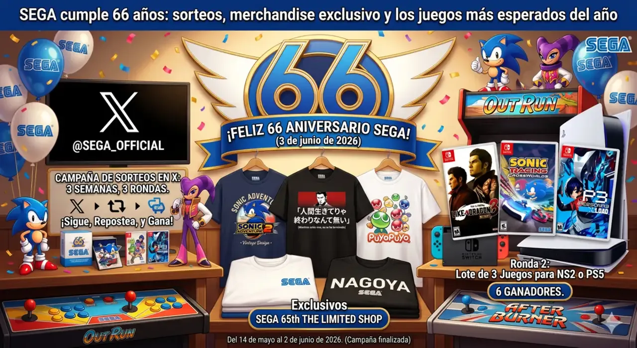 Imagen promocional del 66 aniversario de SEGA en 2026, mostrando camisetas exclusivas de Sonic, Kiryu Kazuma y Puyo Puyo, junto a consolas y carátulas de juegos como Like a Dragon, Sonic Racing y Persona 3 Reload para un sorteo en la red social X.
