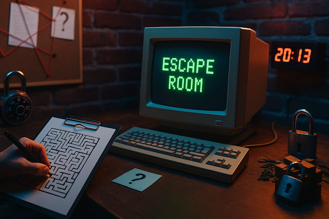 Sala de escape room moderna ambientada, ideal para despedidas de soltero en Zaragoza, con estética de aventura y retrogaming.
