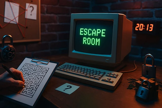 Sala de escape room moderna ambientada, ideal para despedidas de soltero en Zaragoza, con estética de aventura y retrogaming.