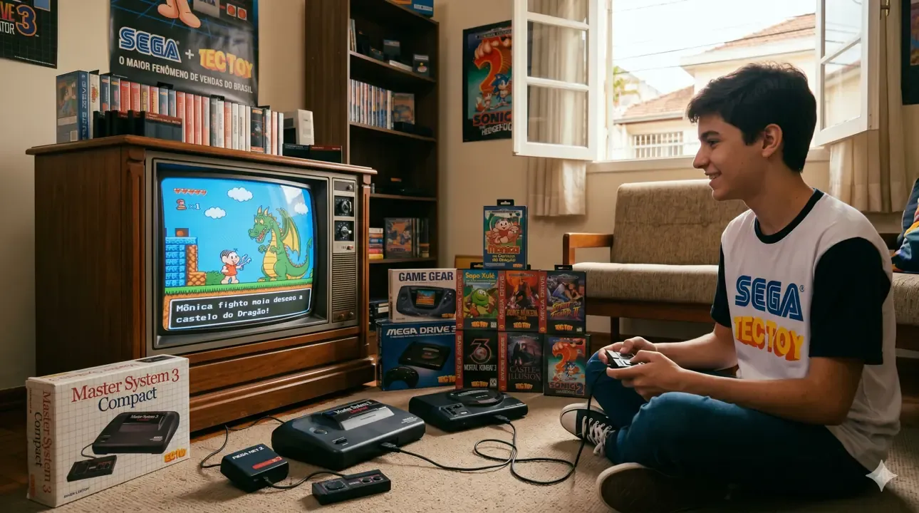 Un joven jugando a la consola Master System de Tectoy en un salón retro brasileño de los años 90. En un televisor de tubo CRT se muestra el juego exclusivo Mônica no Castelo do Dragão. En el suelo se aprecian cajas y consolas como la Master System 3 Compact, Mega Drive, cartuchos exclusivos de Tectoy y pósteres antiguos de Sega en la pared.