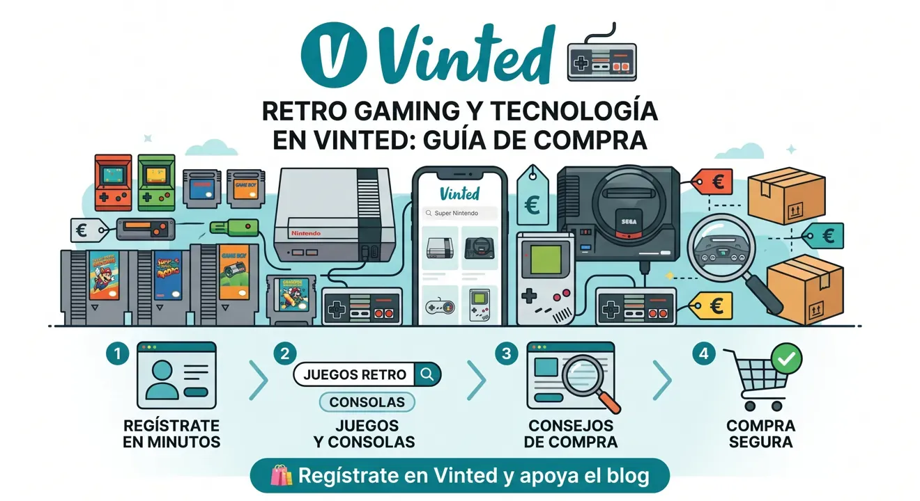 Infografía explicativa sobre cómo comprar videojuegos retro y consolas clásicas en Vinted, mostrando el proceso de búsqueda, registro, consejos de compra segura y categorías de electrónica.