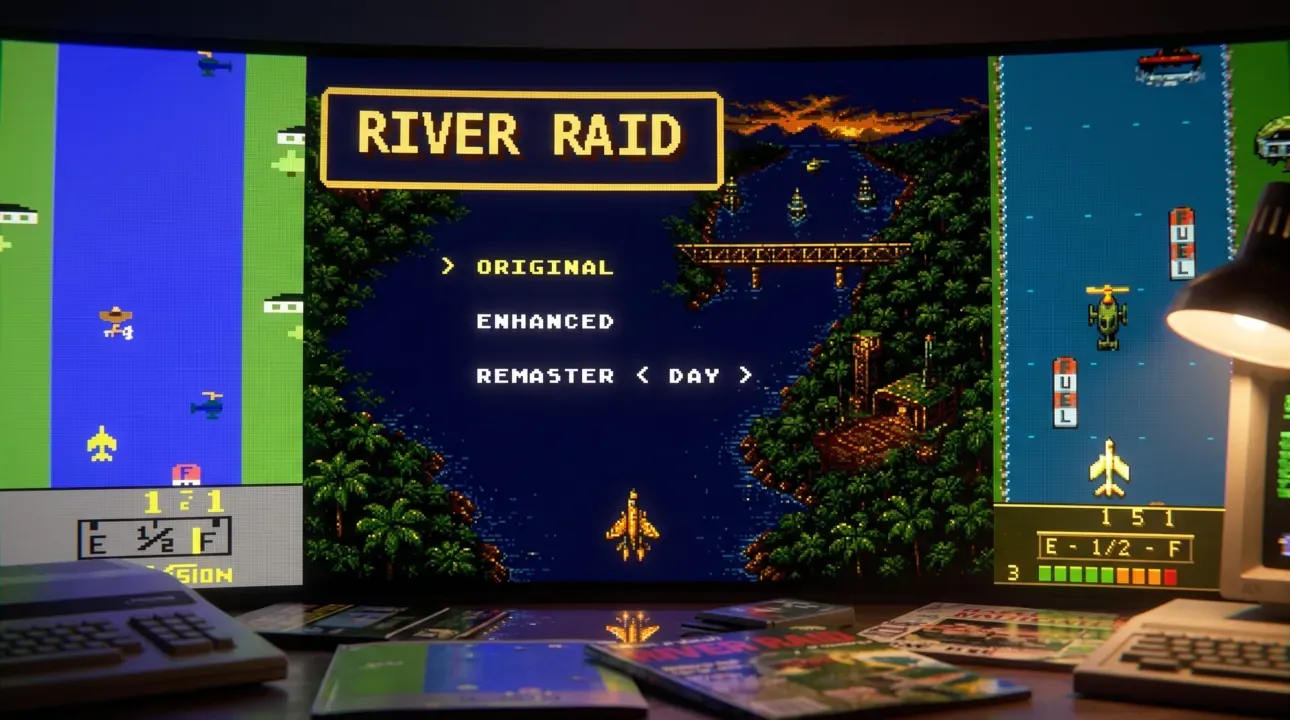 River Raid 2600 for Genesis Mega Drive: menú principal y comparativa de modos Original y Enhanced.
