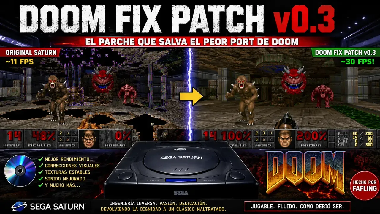 DOOM Fix Patch v0.3 para Sega Saturn comparando el port original de DOOM con la versión mejorada. La imagen muestra una pantalla dividida entre la versión comercial con graves problemas de rendimiento y gráficos defectuosos, y la versión parcheada alcanzando cerca de 30 FPS con texturas corregidas, mejor estabilidad visual y jugabilidad fluida. En primer plano aparece una consola Sega Saturn junto a enemigos clásicos de DOOM como Cacodemon y Demon.