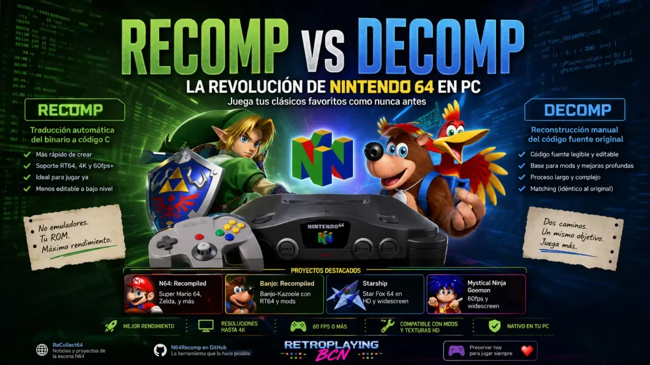 Recomp vs Decomp en Nintendo 64: diferencias explicadas Infografía comparativa de Recomp vs Decomp en Nintendo 64 mostrando las diferencias entre la recompilación y la decompilación de juegos de N64 para PC.