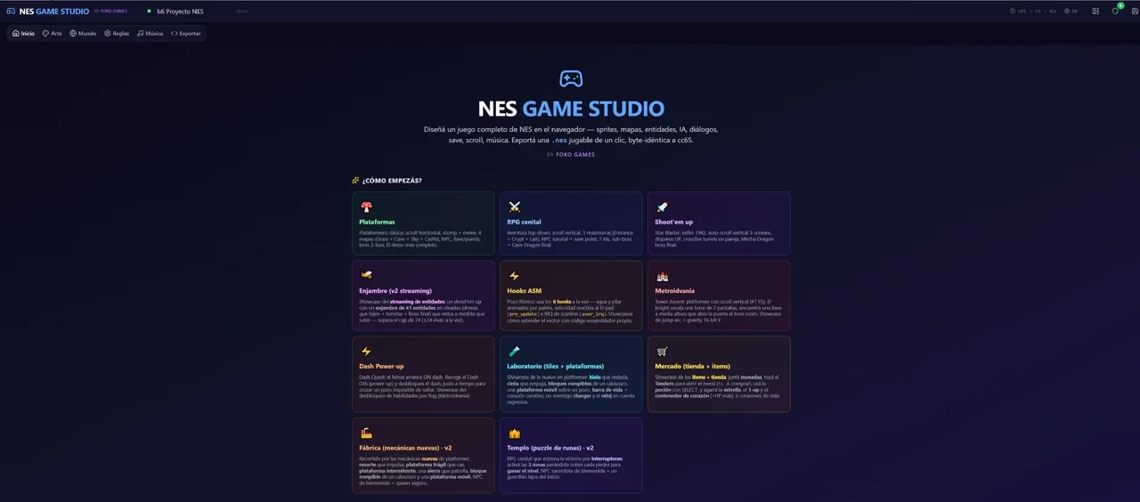 vista general del editor de videojuegos de Nintendo NES Game Studio, captura pantalla donde se muestran todas sus opciones
