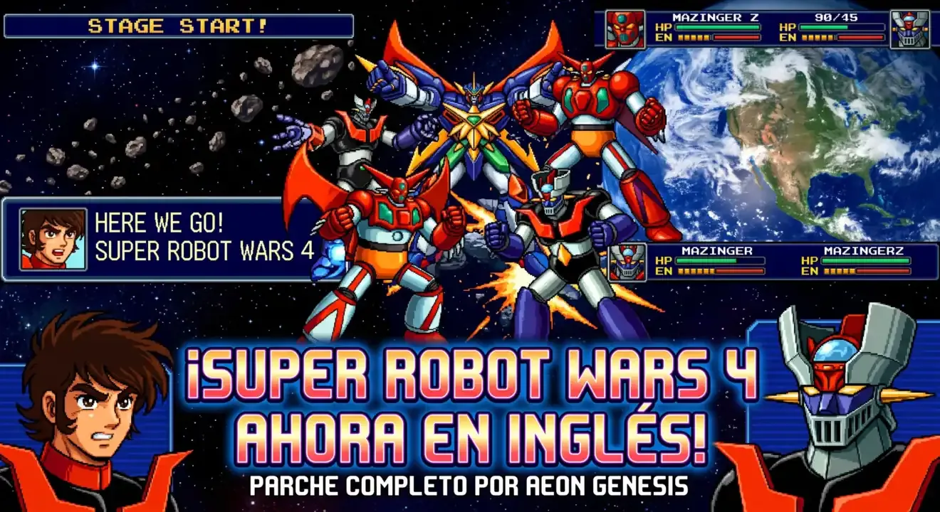 Imagen del parche de traducción al inglés de Super Robot Wars 4 para Super Nintendo de Aeon Genesis.