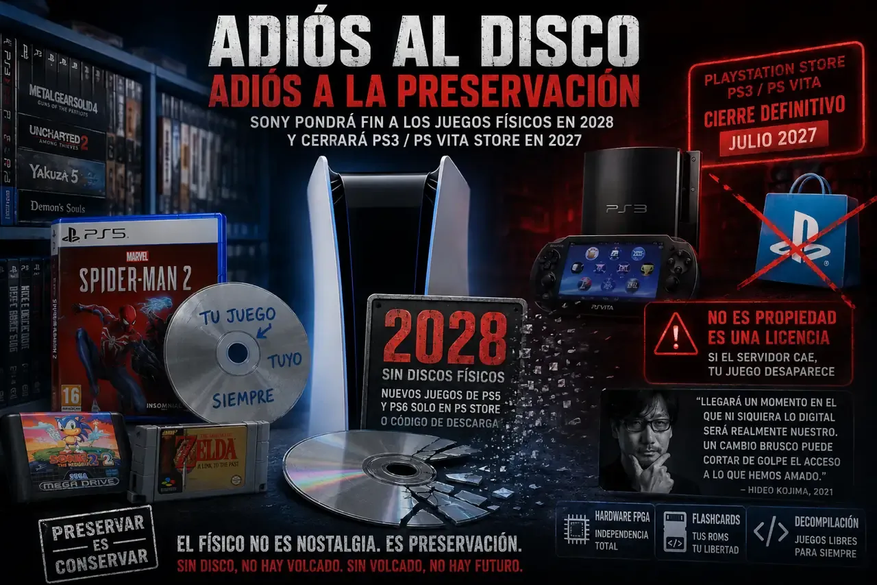 Ilustración que representa el fin de los juegos físicos en PlayStation con una PS5, discos, juegos retro y referencias al cierre de PS Store, simbolizando el impacto en la preservación del videojuego.