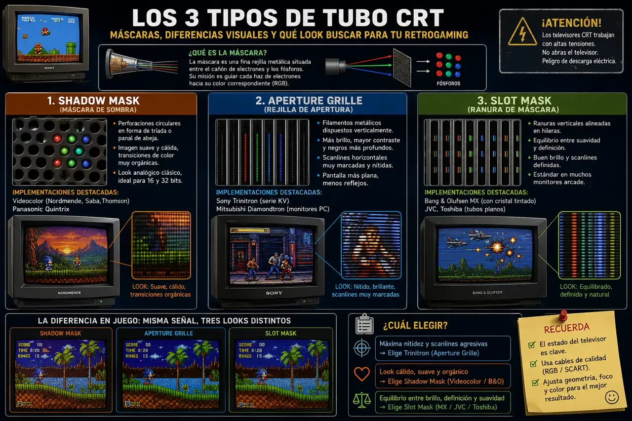 Infografía sobre los tipos de tubos CRT para retrogaming: Shadow Mask, Aperture Grille y Slot Mask, comparando scanlines, máscara de sombra, Trinitron, brillo, contraste y la mejor tecnología para televisores retro.