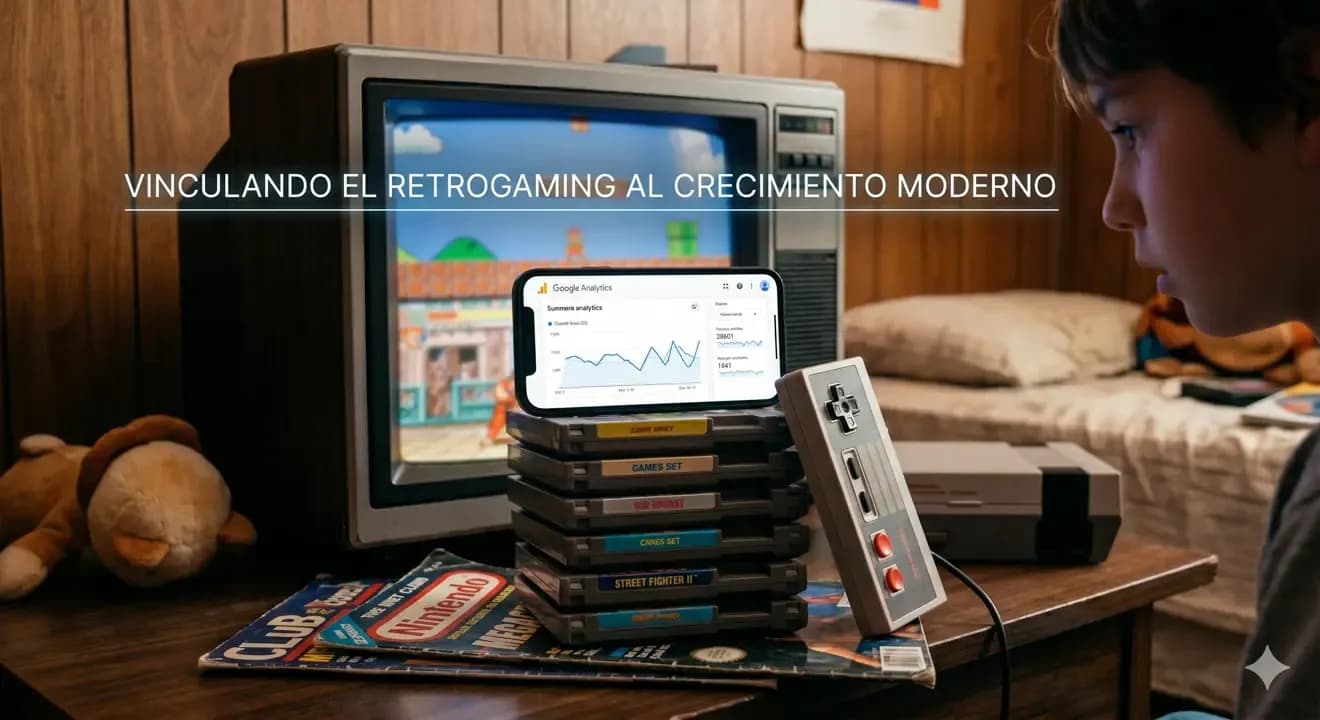 Estrategias de Growth Marketing en el retrogaming representadas por una pantalla de Google Analytics en un smartphone junto a cartuchos de NES, revistas de videojuegos clásicas y una televisión antigua de los años 80.