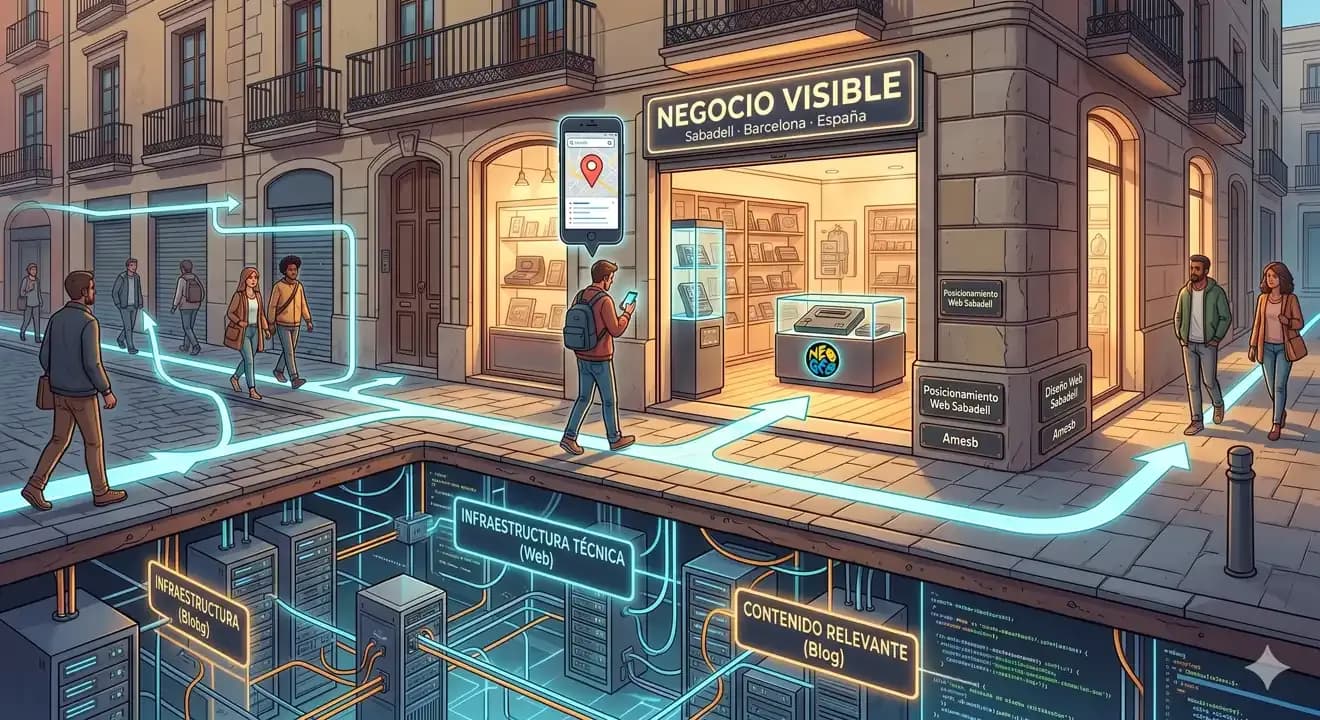 Las "rutas de datos" luminosas emergen del pavimento y del aire para guiar a los transeúntes (uno de los cuales sigue la ruta en su teléfono, mostrando un resultado de búsqueda) directamente a la puerta.